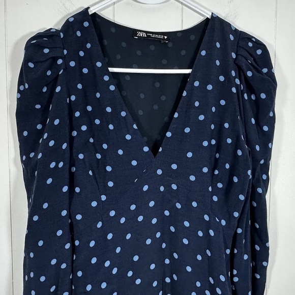 ZARA Midi Maxi Blue Polka Dots Dress puff Long Sleeves Size XS - Picture 7 of 14